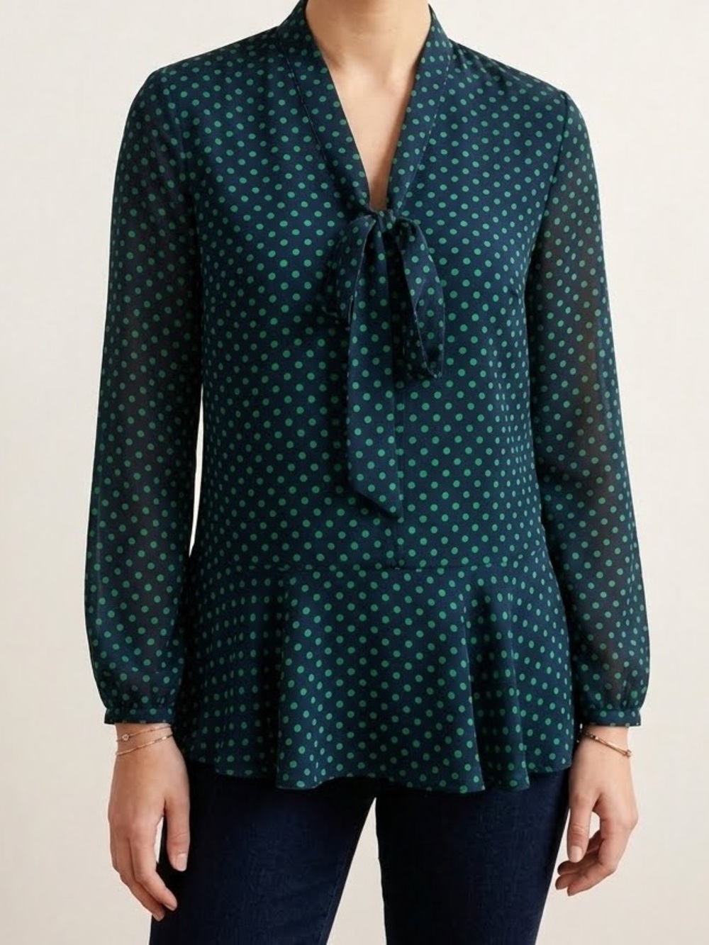 Lauren Ralph Lauren Blouse blue green polka dot v-neck tie long-sleeve peplum XL